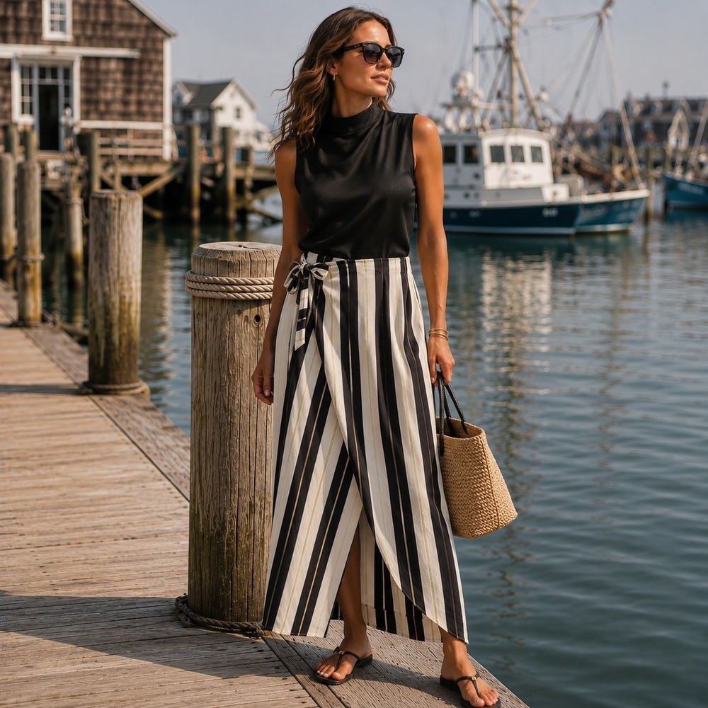 Tommy Bahama Maxi Skirt Striped Silk‎ Faux Wrap Coastal Resort  Fisherman XS